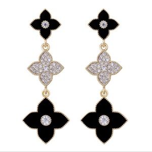 NWT Clover Quatrefoil Swarovski Crystal & Black Enamel Drop Earrings